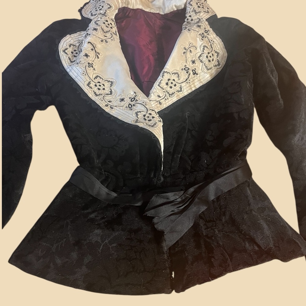 Antique black Victorian velvet jacket, embroidered silk collar peplum beading